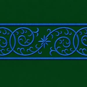 May include: A horizontal border pattern featuring a repeating blue scrollwork design on a dark green background. The pattern consists of intricate swirling vines, circular medallions, and star-shaped accents enclosed by two straight blue lines.