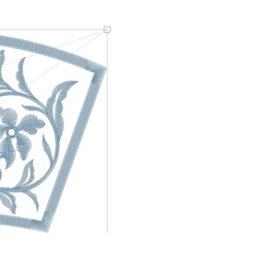 May include: A detailed, light blue floral embroidery design. The design features a central flower and surrounding leaves, all within a geometric border. The embroidery is on a white background, creating a striking contrast.