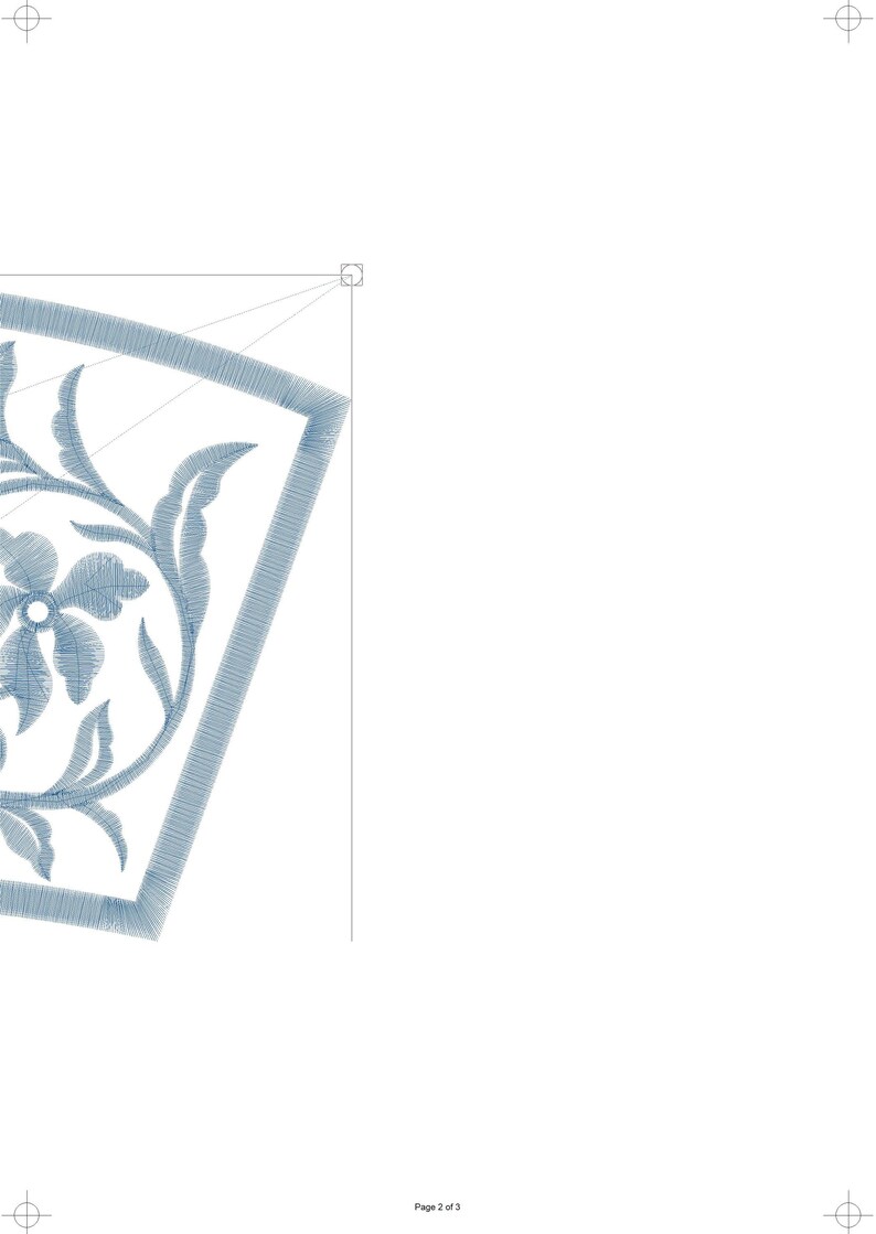 May include: A detailed, light blue floral embroidery design. The design features a central flower and surrounding leaves, all within a geometric border. The embroidery is on a white background, creating a striking contrast.