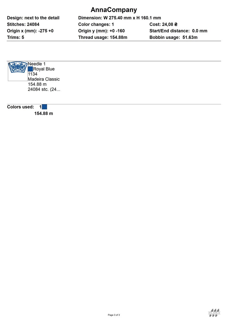 May include: A technical document from AnnaCompany, detailing design specifications. It includes dimensions of 275.40 mm wide by 160.1 mm high, color changes, thread usage, and cost. The document also lists the color Royal Blue.