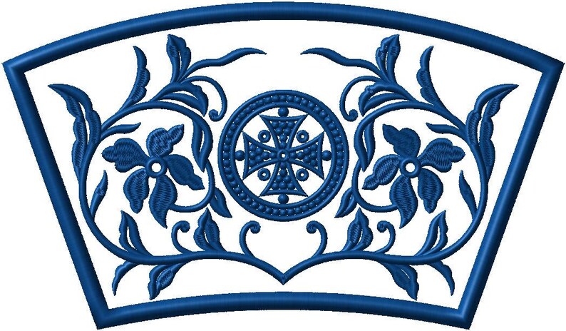 May include: A blue embroidered design featuring floral and cross motifs. The design is framed by a blue border and includes stylized flowers, leaves, and a central cross within a circular emblem. The overall shape is a fan or arch.