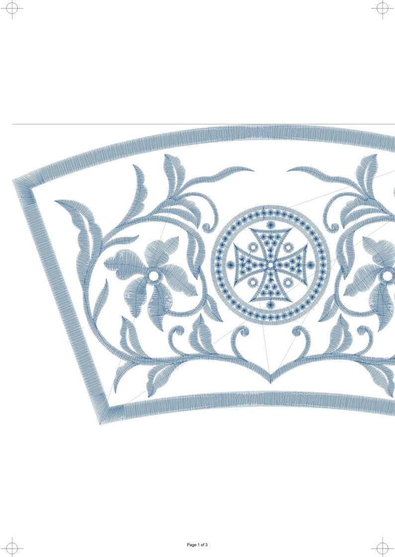 May include: A detailed embroidery design in shades of blue on a white background. The design features floral and foliate motifs, along with a central circular element with a cross. The design is likely for fabric or textile applications.
