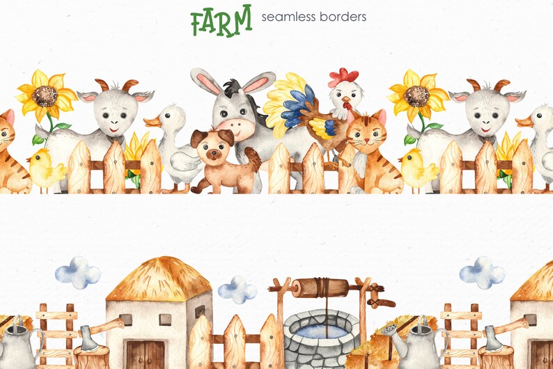 Download Farm Watercolor Clipart. Cute animals. Goat donkey rooster ...