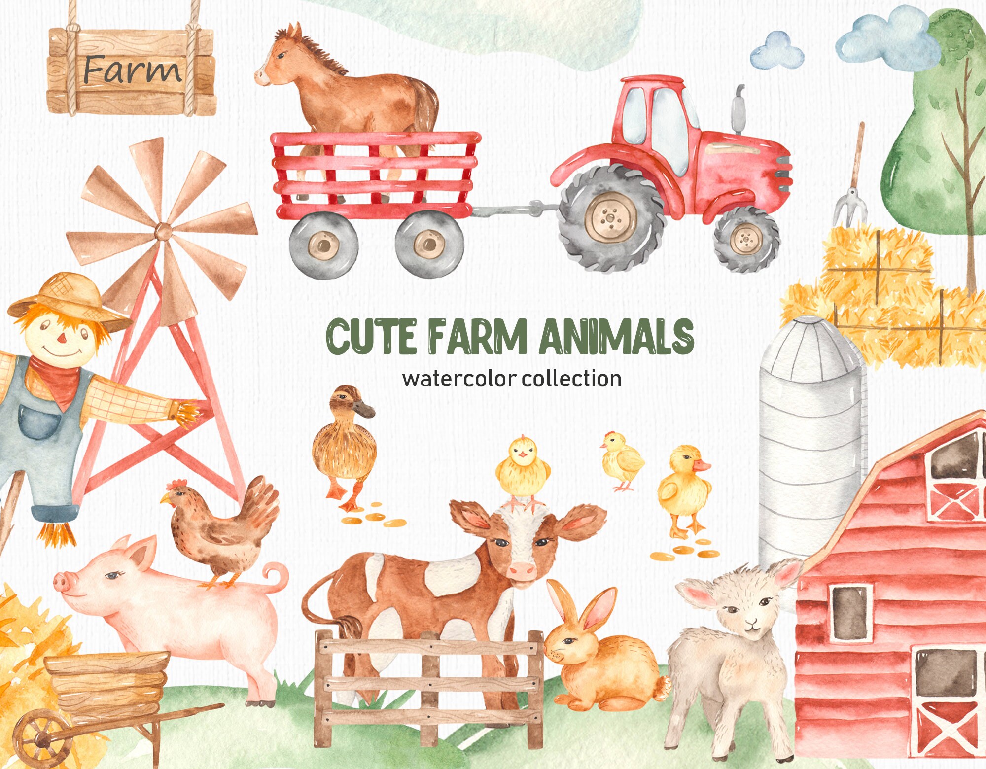 Download Cute farm animals watercolor clipart. Cartoon illustration ...