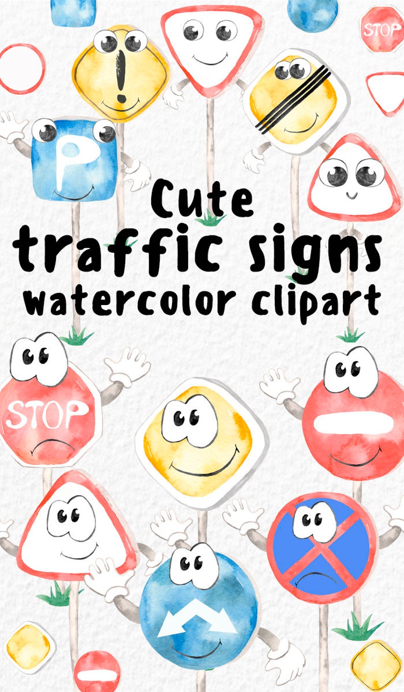 Watercolor cute traffic signs clipart. Illustrations for Etsy