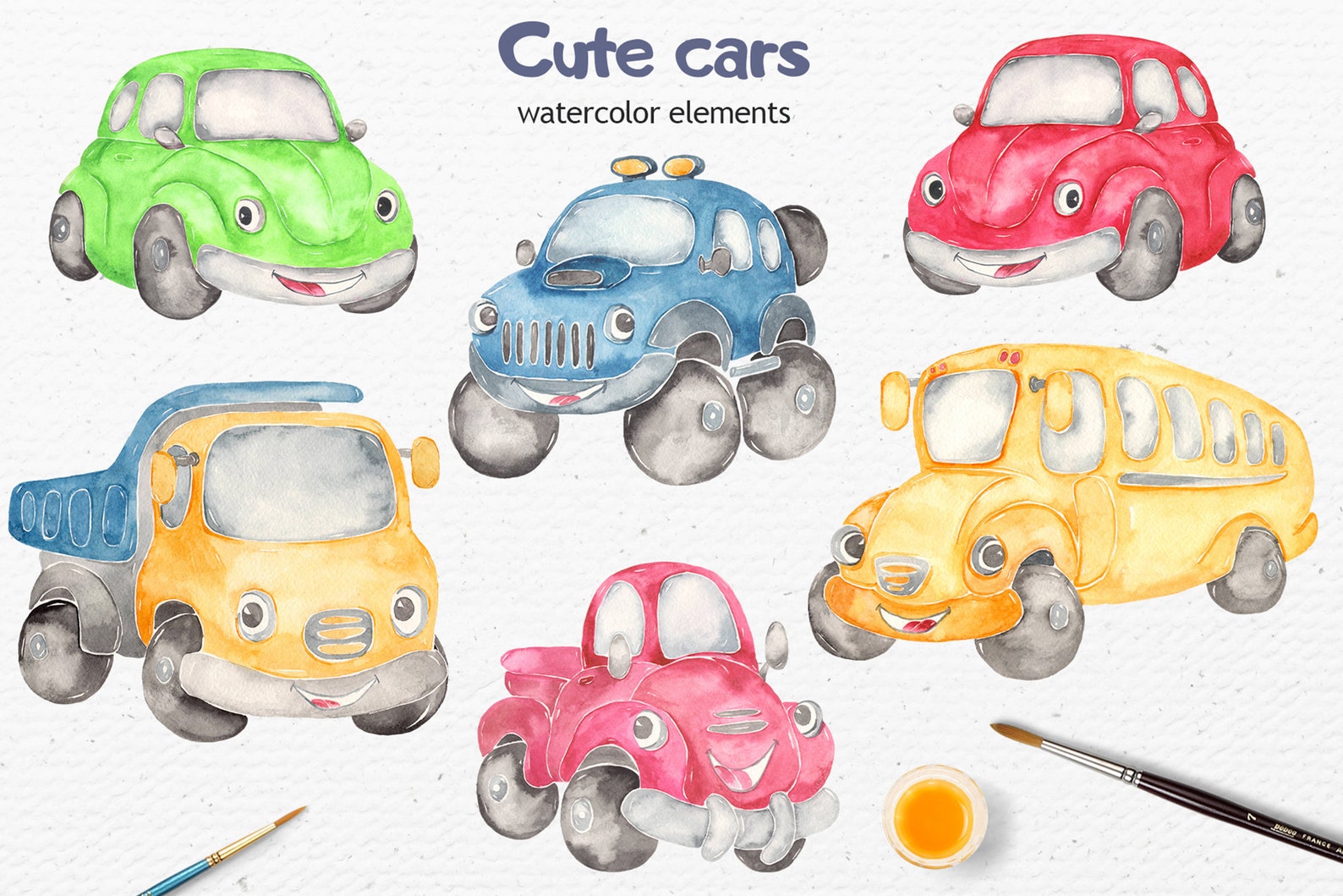 Niedliche Autos Aquarell Clipart. Cartoon Illustrationen Auto Etsy