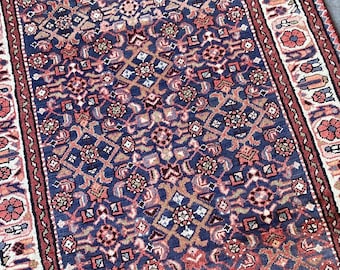 Vintage Handmade Wool Runner: Violet Blue, Pink Coral Oriental Rug (3&#39;9&quot;x10&#39;8&quot;)