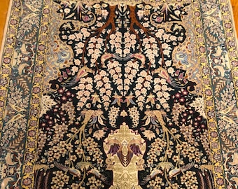 Exquisite Handmade Silk & Wool Oriental Tree of Life Rug or Tapestry, Fine Details, Natural Dyes, 3&#39;9&quot;x5&#39;5&quot;