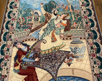 Stunning Vintage Collector&#39;s Piece, Finest Quality Handmade Tapestry, Exquisite Pictorial Romantic Scene, 4&#39;1&quot;x6&#39;1&quot;