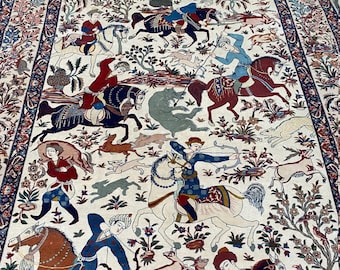 Antique Collector&#39;s Piece, Fine Quality Hunting Scene Oriental Rug/Tapestry, Exquisite Pictorial Details, 5&#39;2&quot;x7&#39;9&quot;