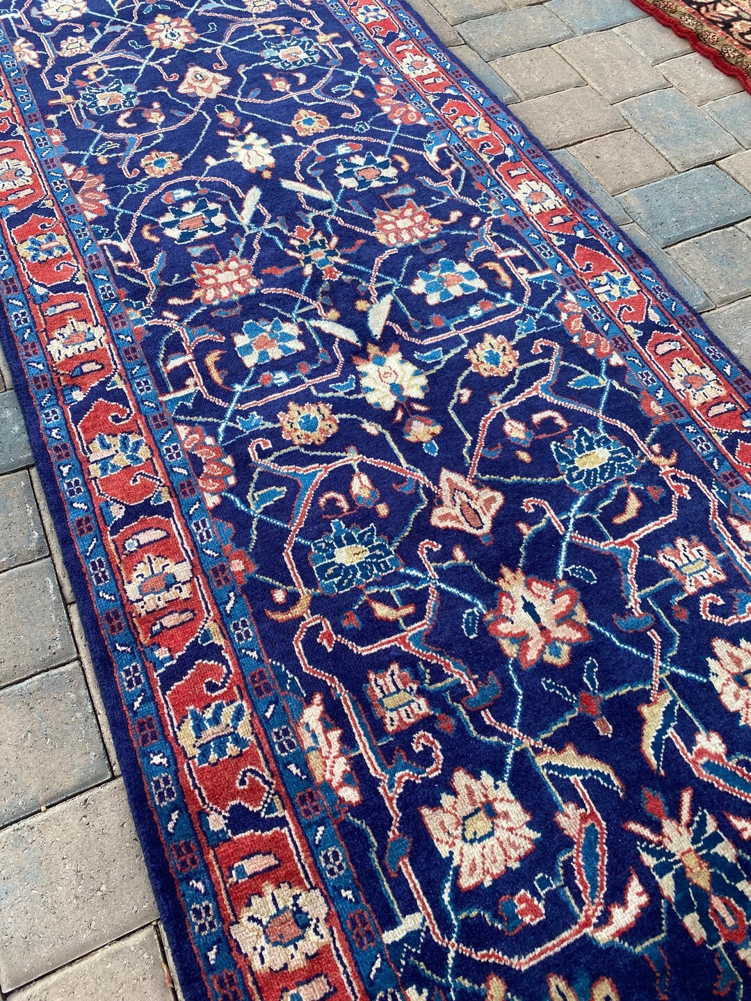 Vintage Royal Blue Oriental Runner: Handmade Floral Rug (3'5