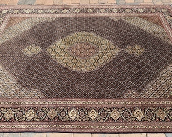 Alfombra oriental hecha a mano: medallón floral azul medianoche, 2,08 m x 2,90 m