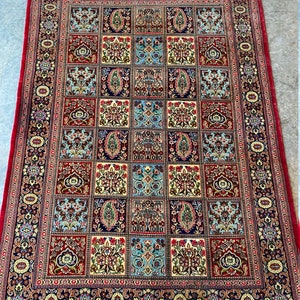 Top Quality Handmade Vintage Four Seasons Oriental Rug, Quilt-Like Pattern with Garden Motifs, Mint Condition, 4'5"x6'3"