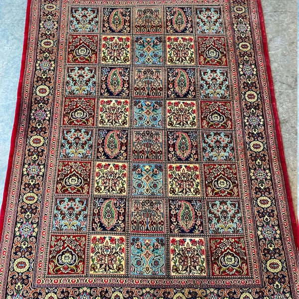 Top Quality Handmade Vintage Four Seasons Oriental Rug, Quilt-Like Pattern with Garden Motifs, Mint Condition, 4'5"x6'3"