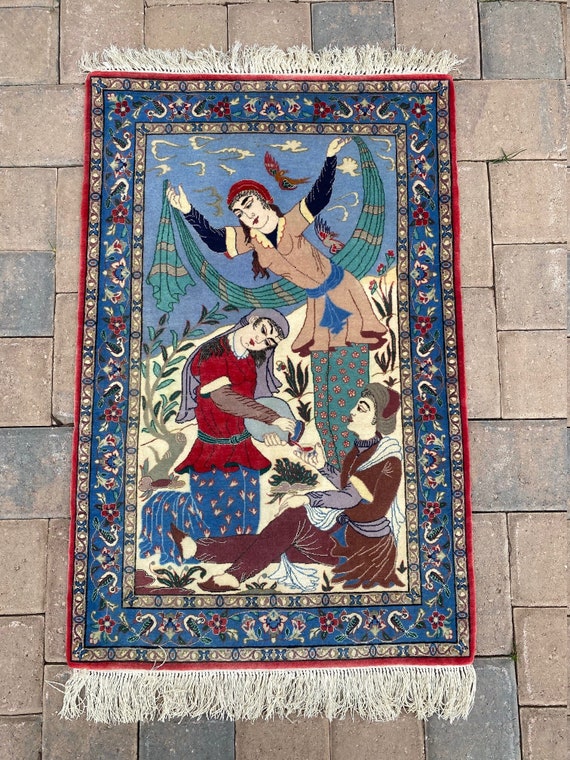 ヴィンテージ絵画タペストリー：ハンドメイドシルク＆ウールの