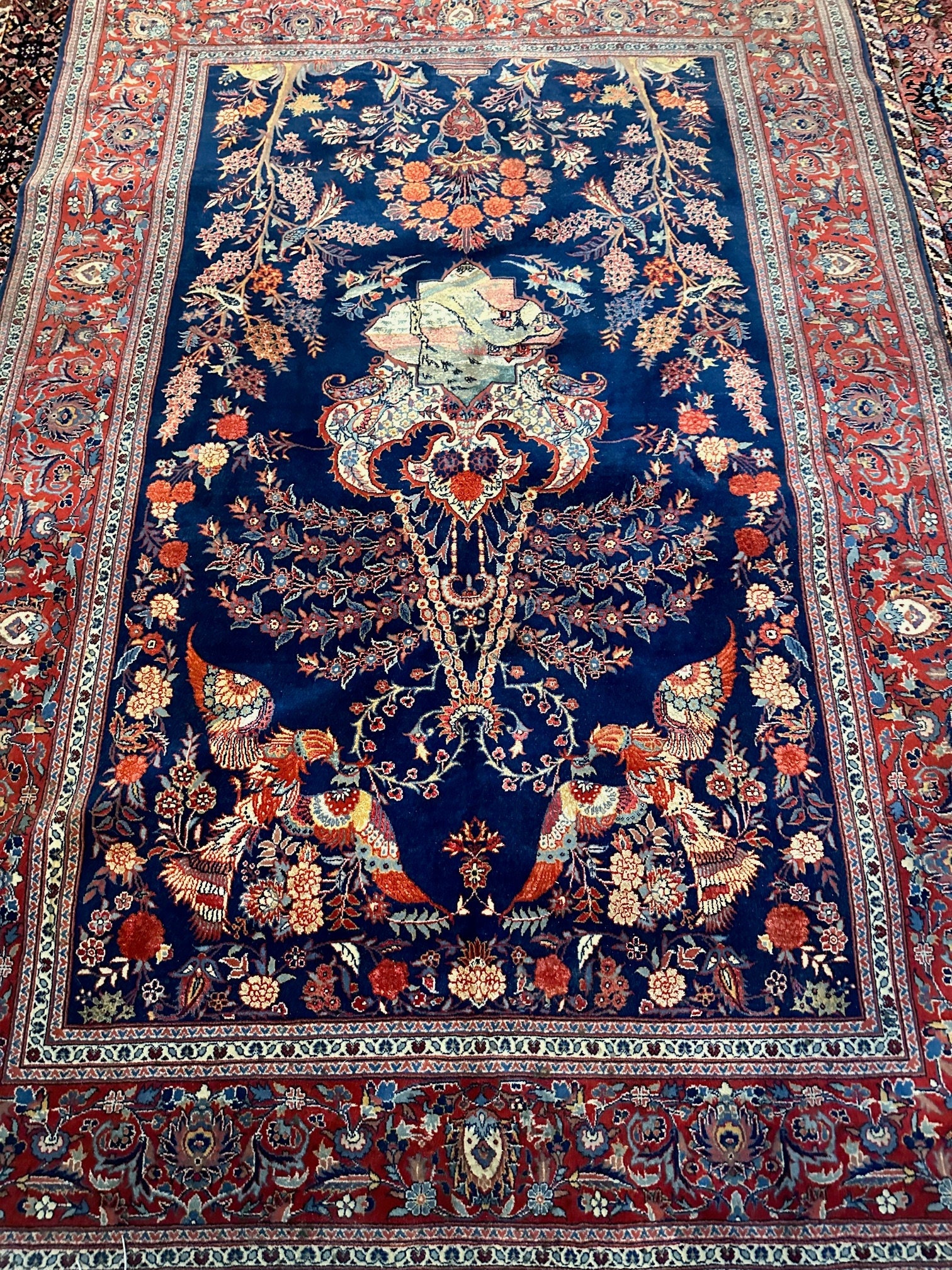 Handmade Antique "Tree of Life" Silk and Wool Oriental Rug, Collector's Piece, Full Soft Pile, Stunning Colors & Bird Details, 4'7"x6'8"