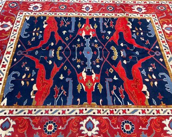 Handmade Oushak Wool Rug, Royal Blue & Red Abstract Floral, 7'9"x10'2"