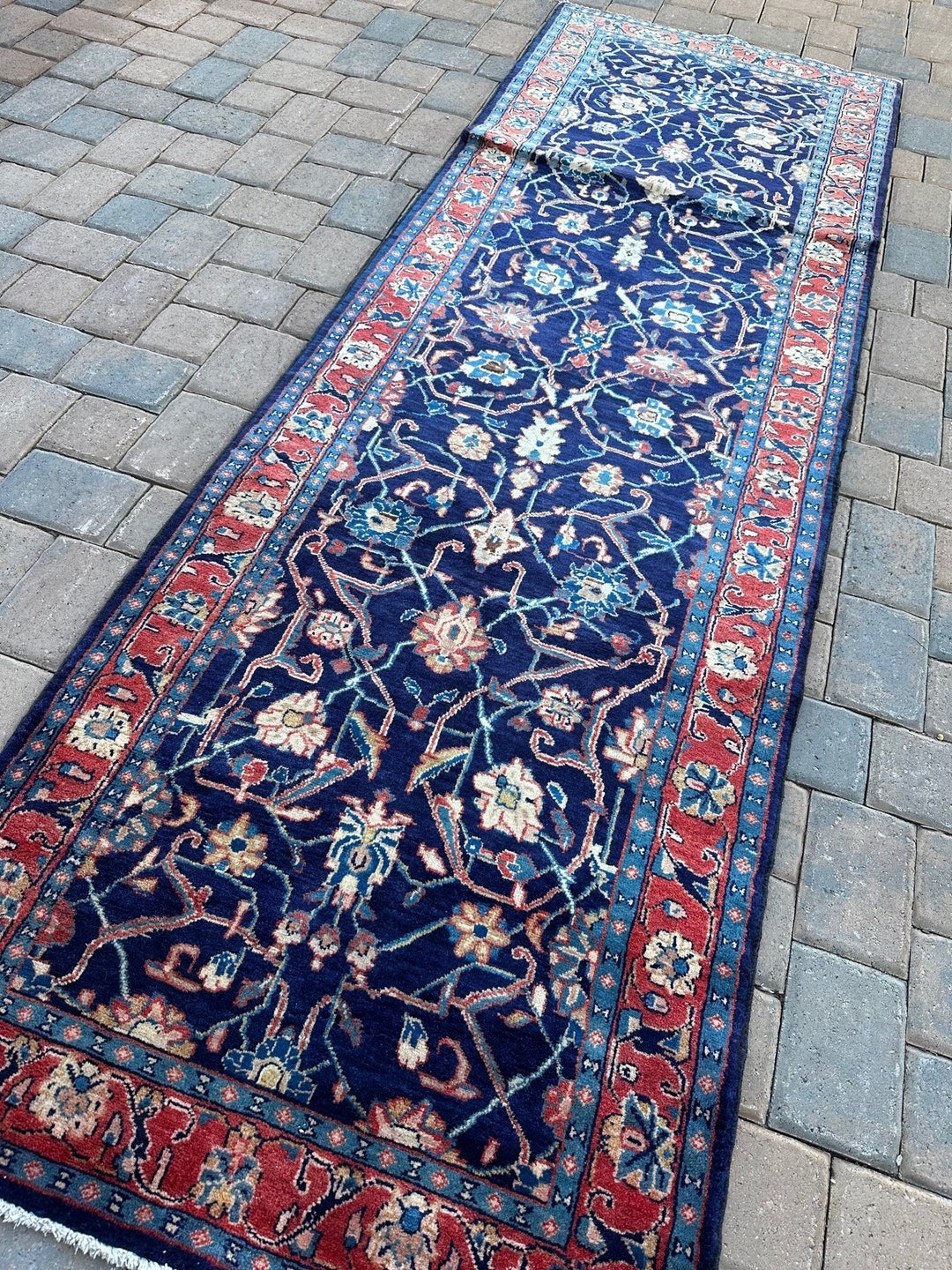 Vintage Royal Blue Oriental Runner: Handmade Floral Rug (3'8