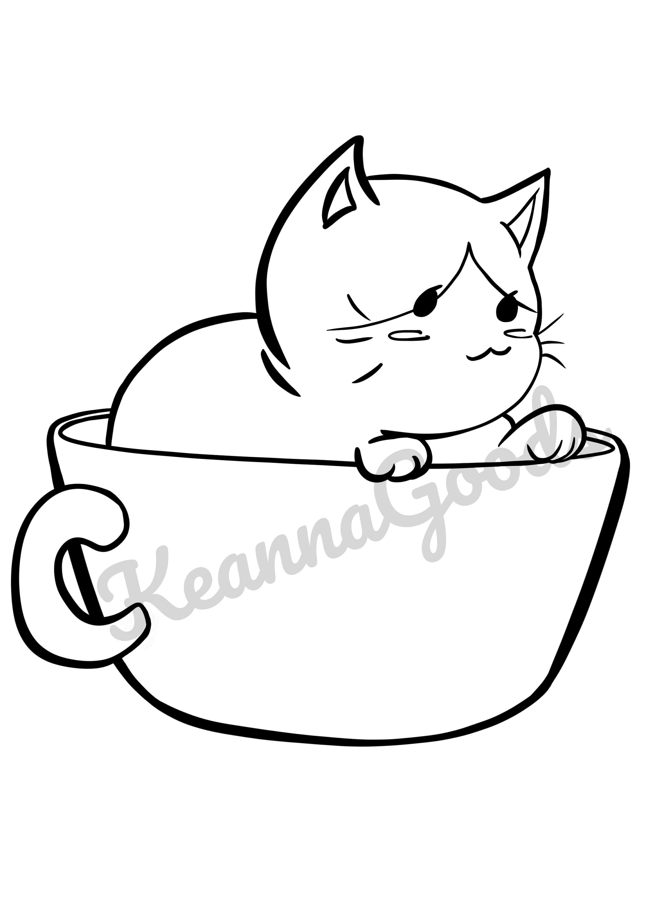 Adorable Cat On a Coffee Mug Printable Coloring Sheet | Etsy