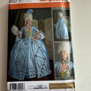 Patrón de traje histórico del siglo XVIII Simplicity 3637 de María Antonieta, tallas 8-14, patrón de costura para cosplay vintage de Deborah Woodbridge