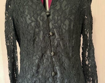 VTG R & K Abend schwarze Spitze Jacke Bluse Sz 6 schiere Ärmel Dynastie Glam Mob Frau