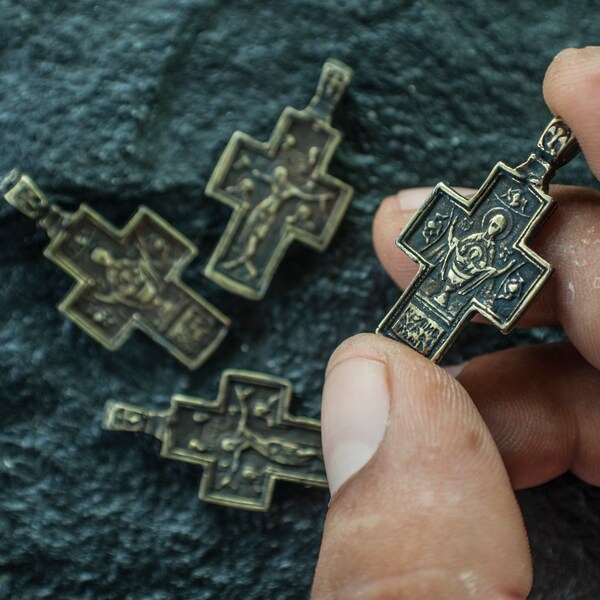 both sides greek cross pendant, mykonos brass cross Bead pendant, Rustic cross charms 4pcs, Christian Charms