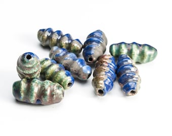 Raku ceramic tube beads, Primitive Greek tube beads for jewelry making, 30 x 10mm ceramic bead findings