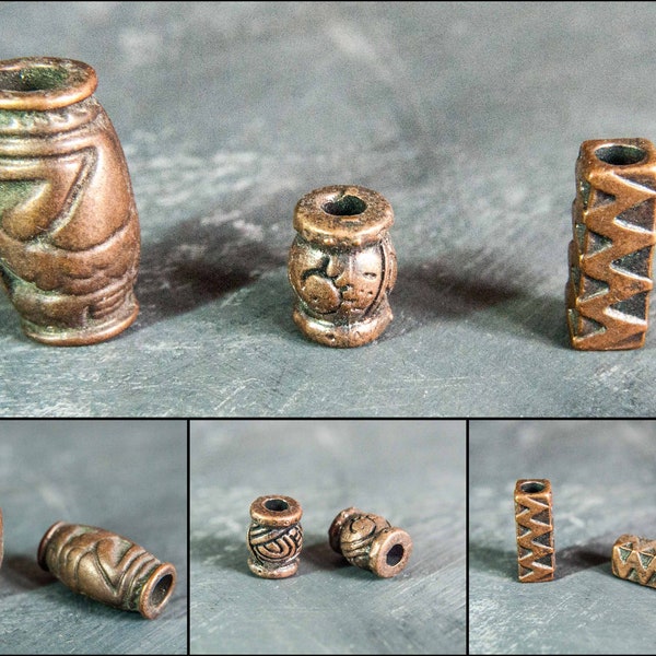 Perles de tube de cuivre antiques, perles de baril grecques, perles de métal rustique en cuivre, 3 modèles de perles de texture