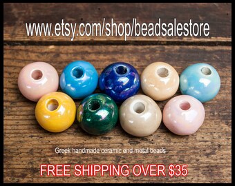 25mm Enameled Ball, Large Hole Glazed Bead, Luster Porcelain Beads, Enamel Round Bead, Greek ceramic beads, PRC0125