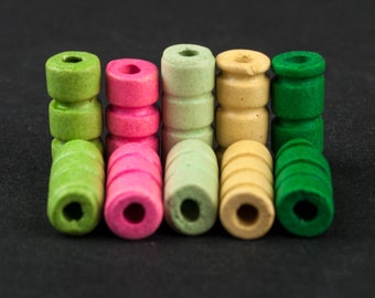 Ceramic tube beads, 20mm cylinder beads, 20 pieces long ceramic textured beads in different colors: shades of green and pink