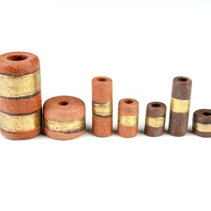 Gold and brown tube beads, ceramic spacer beads with gold-plated stripe through, long or chunky shape beads with gold, PRC0165