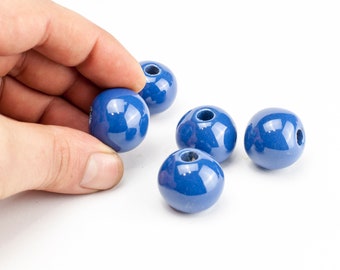 Large Cobalt Blue Ball beads for jewelry making, Large hole ceramic bead findings PRC0003