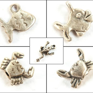 May include: Five silver charms depicting various animals: a fish, a frog, a crab, and two different styles of fish. The charms are all small and detailed.