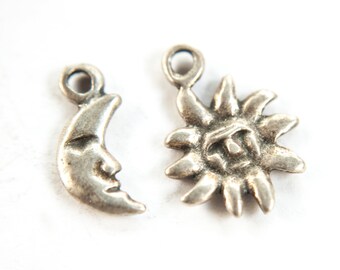 Moon and Sun small charms 5pcs, delicate cute charms, sun 17mm and moon 15mm charms in silver
