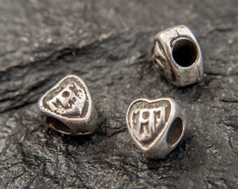 Antique silver heart Beads in Rustic Greek style, Mykonos heart beads, Large hole 4mm heart beads for jewelry making