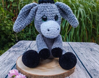 Crocheted amigurumi donkey | Chenille wool soft toy | Handmade baby gift | Gray stuffed toy | Unique