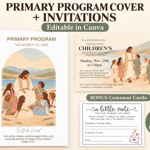 Peut inclure: Un ensemble de modèles numériques comprenant une couverture de programme, des invitations et des cartes de commentaires. Les designs présentent des illustrations de Jésus avec des enfants, du texte et des lignes pour écrire des notes.