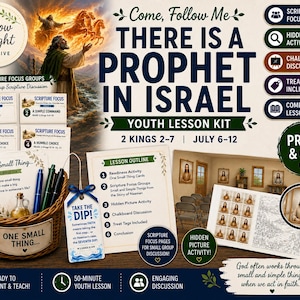 以下が含まれることがあります： There Is A Prophet In Israelというタイトルの青少年向けレッスンキット。聖書のフォーカスカード、レッスン概要、ペンとTake The Dipタグが入ったバスケット、虫眼鏡を使った隠し絵アクティビティシートが含まれており、すべて明るい背景の上に配置されています。