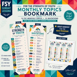 May include: A double-sided bookmark set for FSY monthly topics featuring a front side with 12 monthly themes and a back side with 12 invitations. The design includes colourful geometric accents, text, and a layout showing 4 bookmarks per page.
