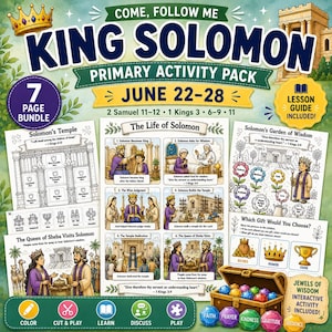 May include: A King Solomon primary activity pack featuring seven pages of educational content, including a lesson guide, coloring sheets, and interactive elements. The bundle displays illustrations of biblical scenes, a treasure chest, and jewels.