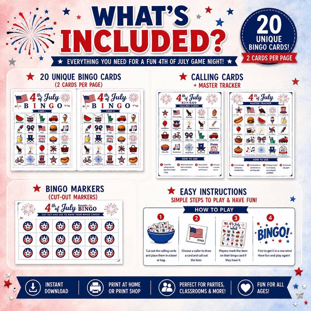 4th of July Bingo Printable | Patriotic Party Game | 20 Unique Bingo ...