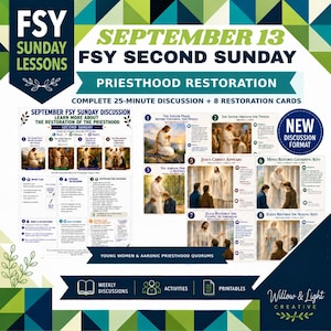 Op de afbeelding: Een digitaal lesplan getiteld FSY Second Sunday Priesthood Restoration, met een discussiegids van 25 minuten en acht genummerde restauratiekaarten met religieuze illustraties, schriftverwijzingen en notities op een geometrische groene achtergrond.