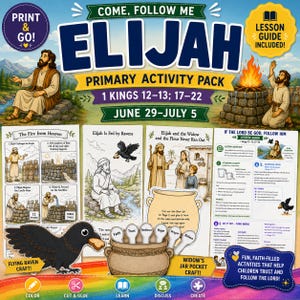 Könnte beinhalten: Ein digitales Aktivitätspaket mit dem Titel Come, Follow Me Elijah mit Illustrationen von Elija, einem Raben und einem Steinaltar. Das Paket enthält Lektionsleitfäden, Ausmalbilder und Bastelvorlagen für einen fliegenden Raben und ein Krug-Bastelset.