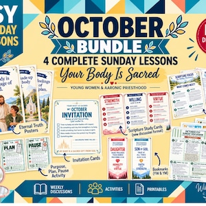 Puede incluir: Un paquete educativo digital para las lecciones dominicales de octubre titulado FSY Sunday Lessons, Your Body Is Sacred. Incluye pósteres, tarjetas de invitación, tarjetas de estudio, marcapáginas y esquemas de lecciones con acentos en azul, amarillo y rojo.