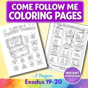 May include: Two coloring pages with the text "Come Follow Me Coloring Pages". One page features a treasure chest and gems with the text "I can be a Peculiar Treasure". The other page illustrates the Ten Commandments.