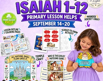Puede incluir: Un kit educativo digital para Isaías 1-12 que incluye esquemas de lecciones, páginas para colorear, una actividad de escarlata a nieve, una manualidad del templo y un juego de emparejar. El gráfico morado incluye texto, ilustraciones y un niño.