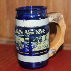 Vintage Small Blue Souvenir Glass + Wooden Mug Niagara Falls New York
