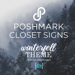 Könnte beinhalten: Ein digitaler Download für druckbare Schrankaufkleber mit einem Winterfell-Thema. Die Aufkleber haben ein weißes Textdesign auf einem dunkelblauen Hintergrund mit einem Bild eines schneebedeckten Waldes. Der Text lautet "Poshmark Closet Signs Winterfell Theme [Digital Download] [dzn]"