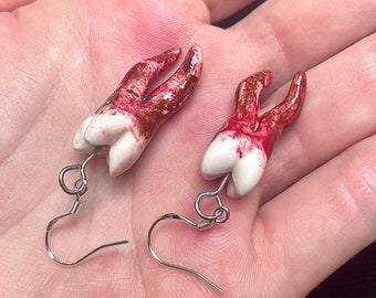 tooth earrings  human teeth  gothic jewelry  bone jewelry  tooth fairy earrings  gothic earrings  Bloody teeth earrings