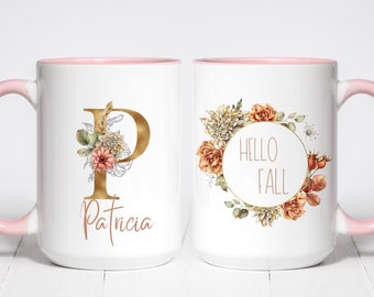 Hello Fall Monogram Mug | Fall Mugs | Autumn Mugs | Custom Initial Mug | Customized Name Mug |Personalized Mug | Microwave Safe | Latte Mugs